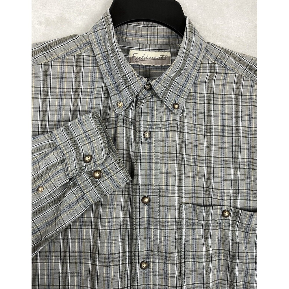 FIELDMASTER Shirt Men M Gray Plaid Button Down Pocket 100%Cotton Preppy Casual